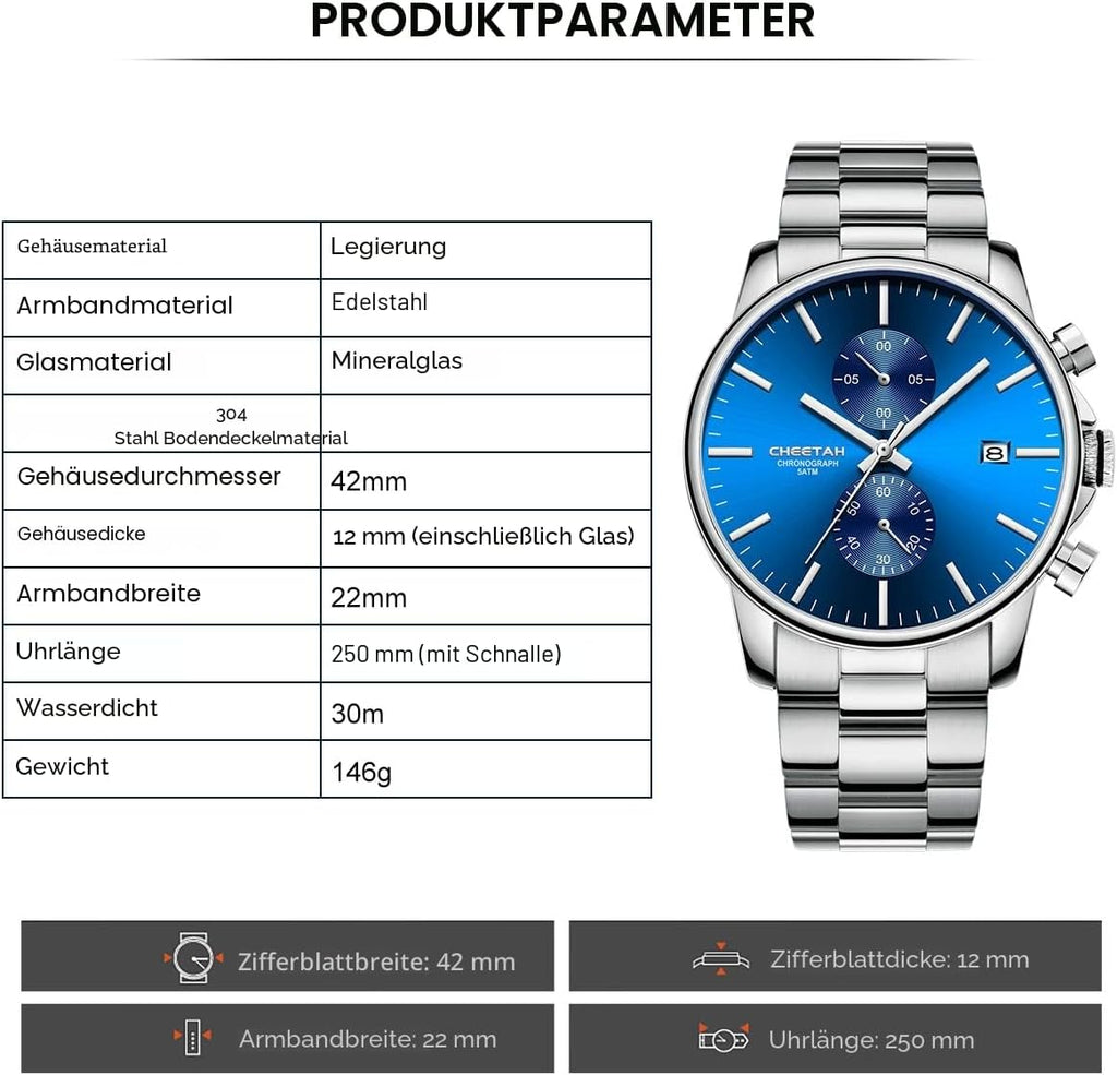 Herrenuhren Mit Lässiger Wasserdichter Chronographen Quarzuhr Aus Edelstahl Und Metall, Auto Date in Farbenfrohen Zeigern