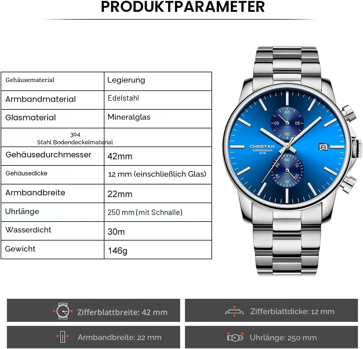 Herrenuhren Mit Lässiger Wasserdichter Chronographen Quarzuhr Aus Edelstahl Und Metall, Auto Date in Farbenfrohen Zeigern