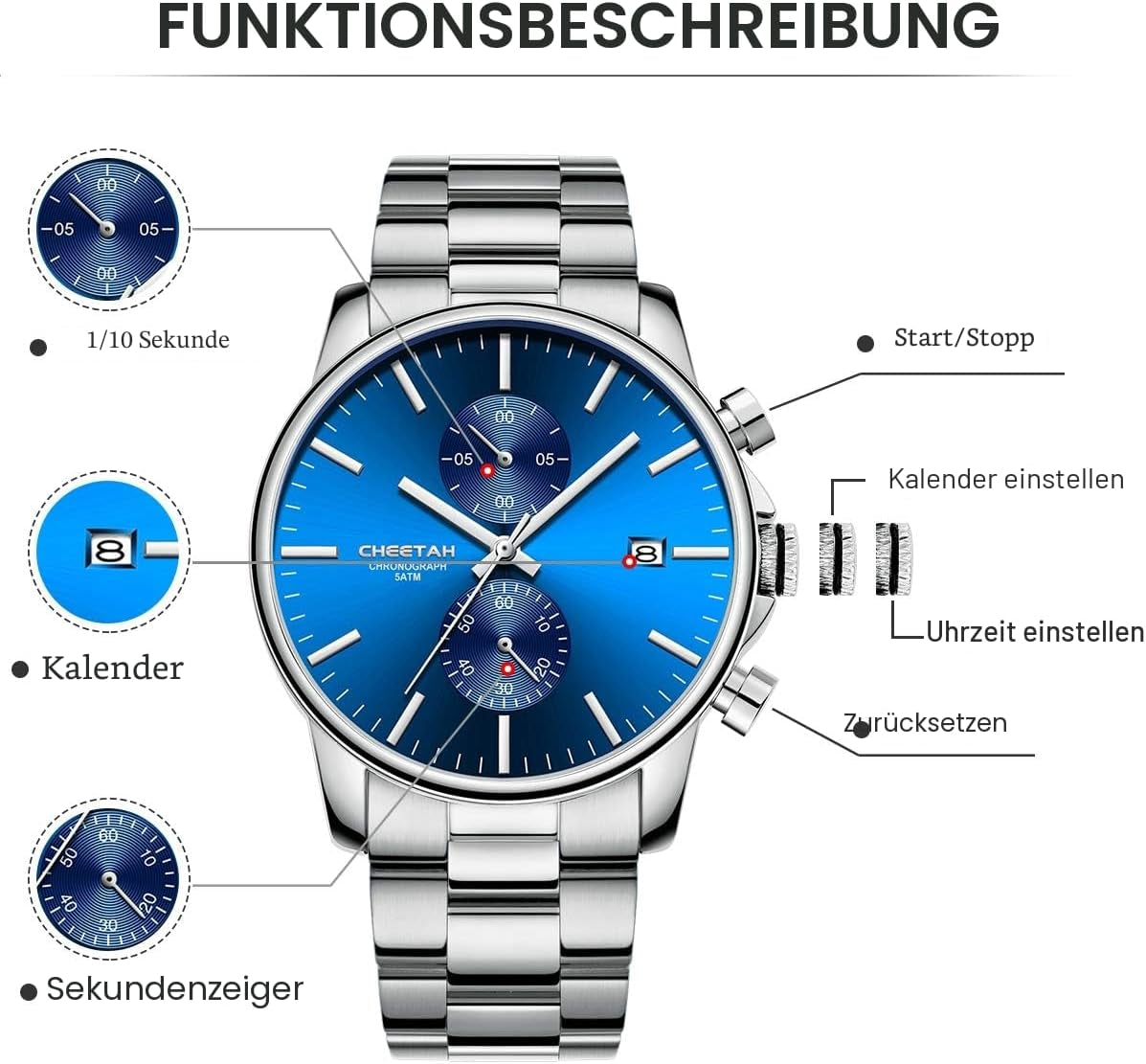 Herrenuhren Mit Lässiger Wasserdichter Chronographen Quarzuhr Aus Edelstahl Und Metall, Auto Date in Farbenfrohen Zeigern