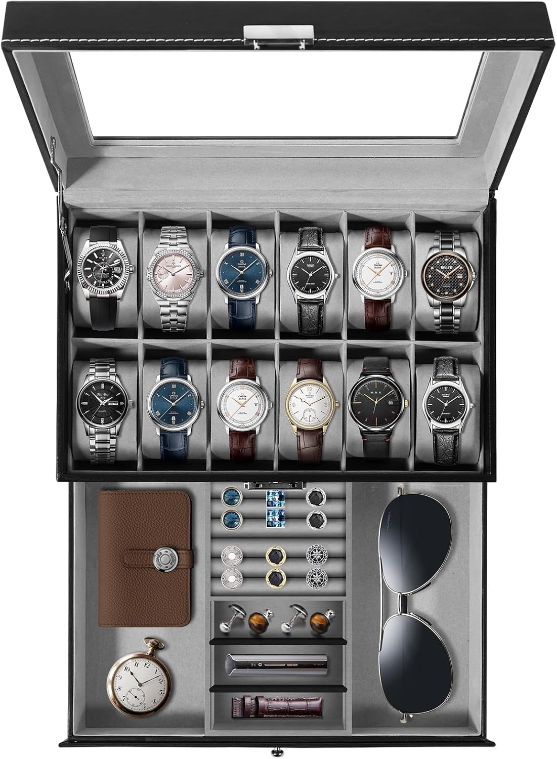 Watch Box, 12 Slots PU Leather Watch Display Case with Jewelry Drawer, Removable Watch Pillow, Metal Clasp, Watch Box Organizer
