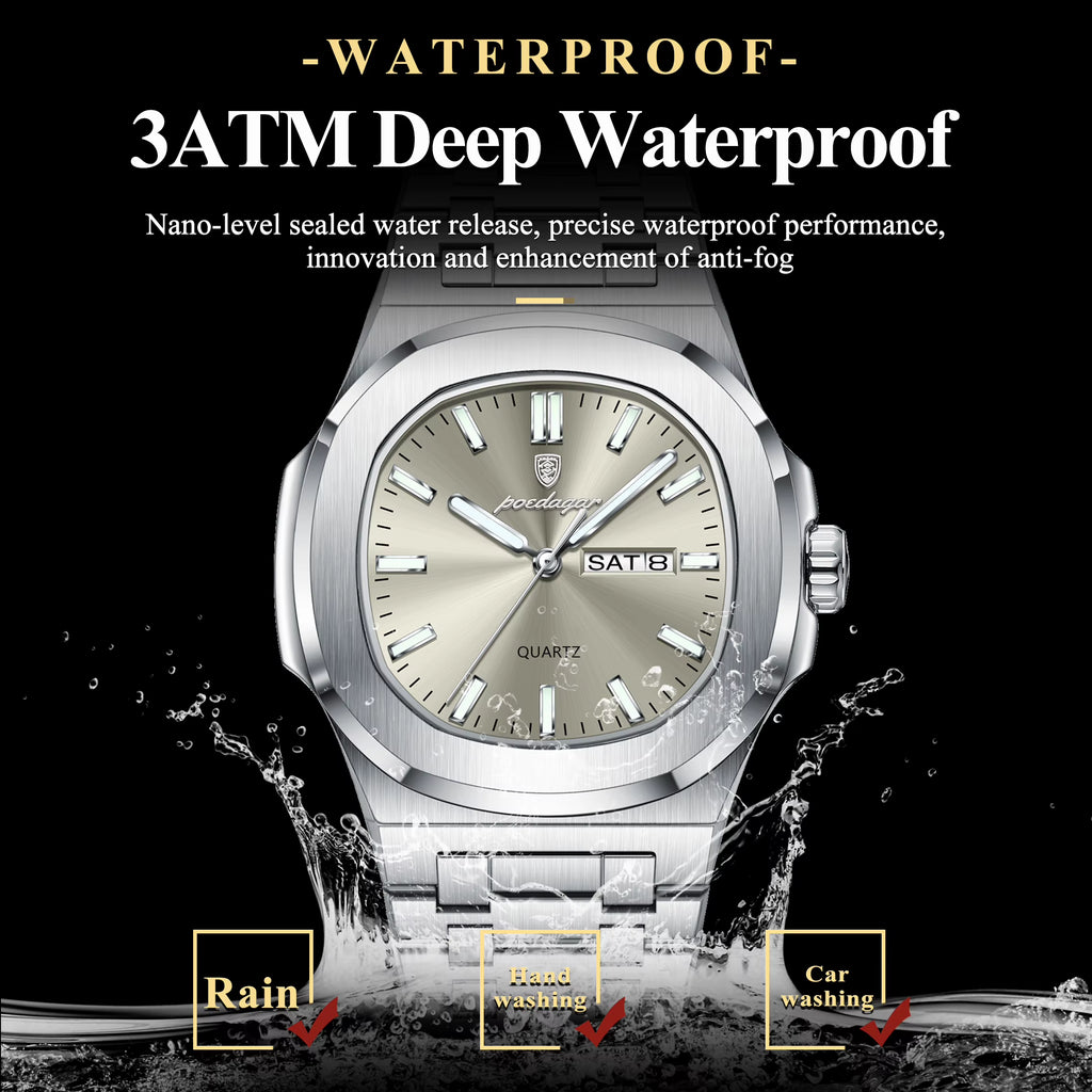 Luxury Military Man Watch Square Waterproof Luminous Date Week Men Watch Stainless Steel Quartz Men'S Watches Reloj+Box