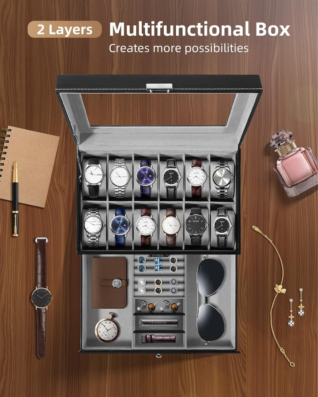 Watch Box, 12 Slots PU Leather Watch Display Case with Jewelry Drawer, Removable Watch Pillow, Metal Clasp, Watch Box Organizer